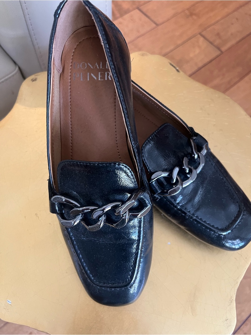 Donald J. Pliner Black Patent Leather Chain-Trim Loafers